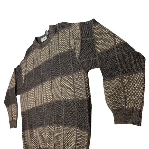 David Taylor Mens XXL Brown Pullover Sweater Knitted Checkerboard Crew Neck 90s - Picture 6 of 16